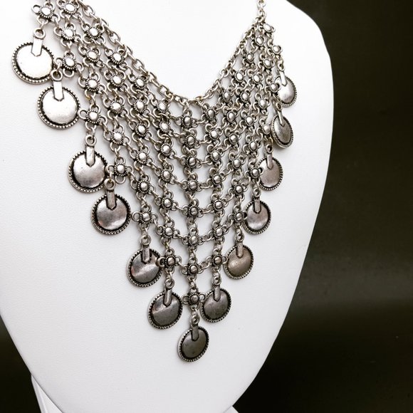 Boho Coin Necklace Gypsy Bib Silver Tone Chain Mail - Picture 3 of 4